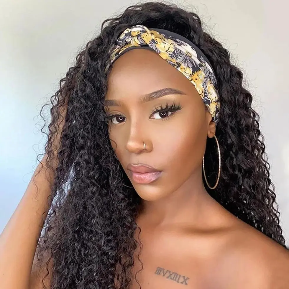 [Bling Hair]  Headband Wig Deep Wave Human Hair None Lace Front Wig Human Hair Machine Made Wigs Glueless Curly Hair Headband Half Wigs for Black Women Human Hair Natural Color Real Hair Extensions Raw Hair Bundles