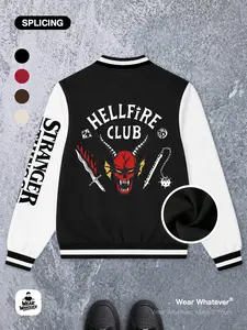 Stranger Things Hellfire Club Print Baseball Jacket, Casual Fitted Warm Breathable Top, Suitable for Outdoor and Home Wear