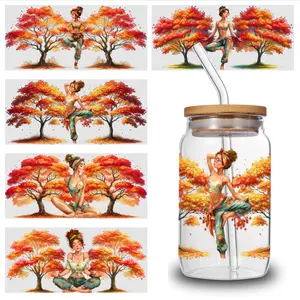 5 Sheets Autumn Yoga UV DTF Stickers Design UV DTF Cup Packaging Transfer Waterproof Self-Adhesive Paper for 16oz Glass Mug Water Bottle Cup Practical Wrap, 3d Crystal Label Waterproof And Scratch - High Quality