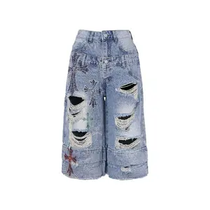 TCH - Hotfix Rhinestones | Vintage Street Style | Wide-Leg Loose Slimming Ripped Five-Minute Denim Shorts