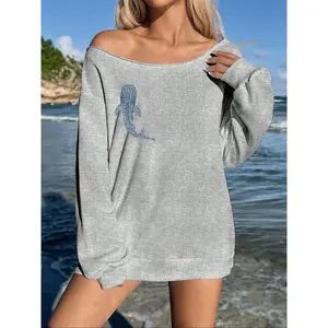 Off-Shoulder Sweatshirt, Whale Shark Animal Print Design, Casual Loose Fit Long Sleeve Top, Beach Vacation Style, Trendy Streetwear Essential, Womenswear, Lady