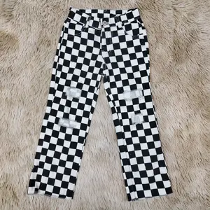 Black gingham hole denim pants kids boys jeans