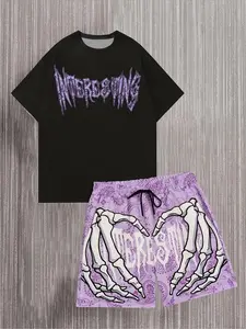 Y2K Style Men's Short Sleeve Shirt & Shorts Set, Casual All over Print, Comfortable Summer Streetwear, Fitted Above the Knee