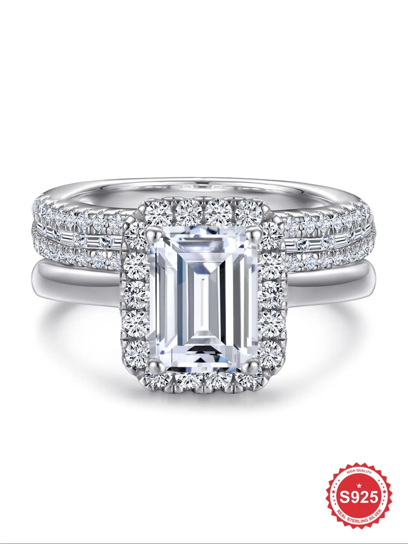 S925 Sterling Silver Luxury Rectangle   Artificial Zircon  Engagement Ring Set, Elegant Promise Wedding Ring, Fashion Ladies Anniversary Jewelry, Dating Gift