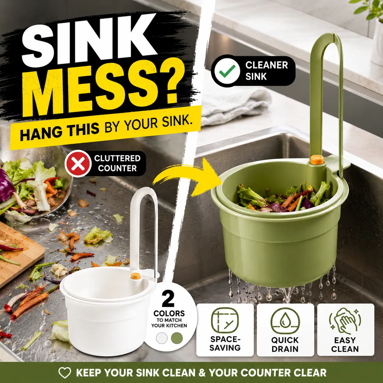 [Tonora]Kitchen Sink Drain Basket, Hanging Food Waste Filter & Strainer Basket, Sink-Side Organizer for Sponge and Scraps