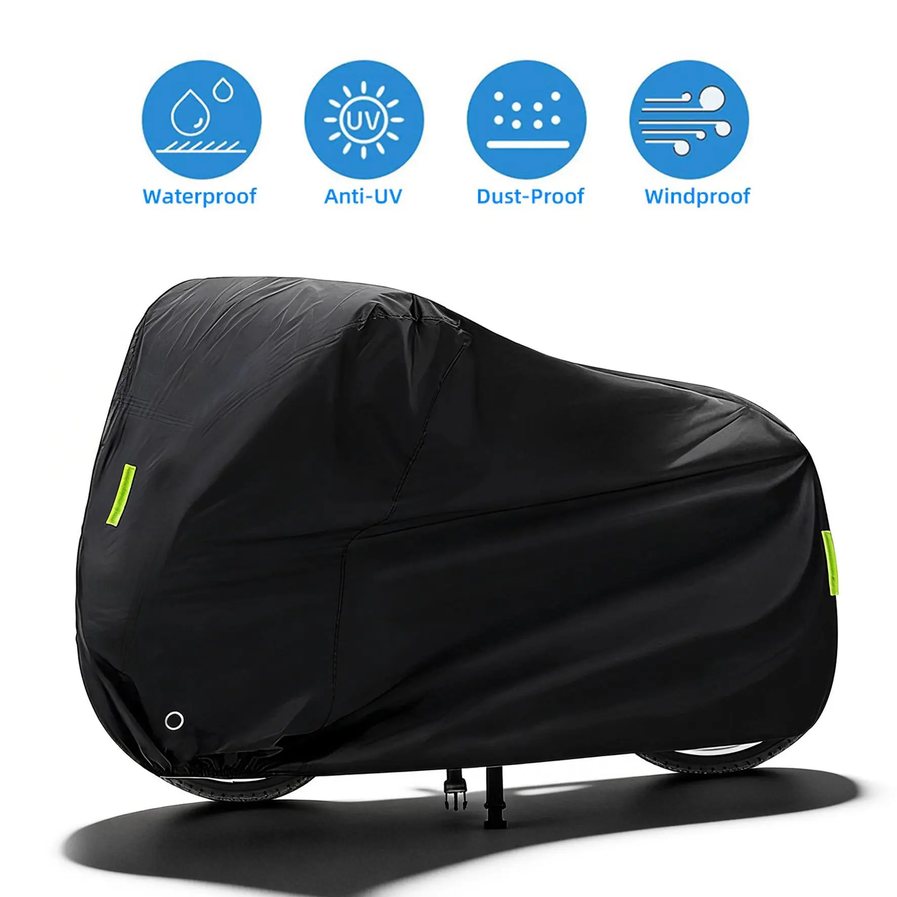 190T Waterproof All-Season Motorcycle Cover, Outdoor Bike Protector with Anti-Theft Lock Hole, Reflective Strips, Elastic Band, Dust/Snow/UV Resistance, Available in 220×95×110cm and 245×105×125cm Sizes