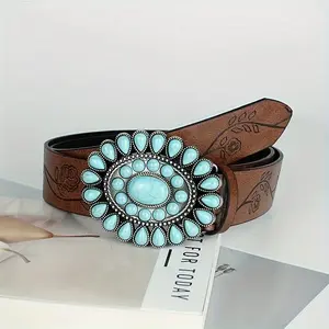 Bohemian Turquoise Belt - Vintage Brown Embossed, Classic Western Style for Women, Versatile & Stylish for Daily, Beach, Party Wear