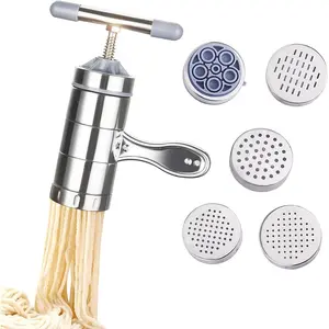Stainless Steel Manual Noodles Maker, Portable Pasta Maker Noodle Making Press Machine Spaghetti Making Tools with 5 Noodle Mould Kitchen Utensils Cover Sturdy