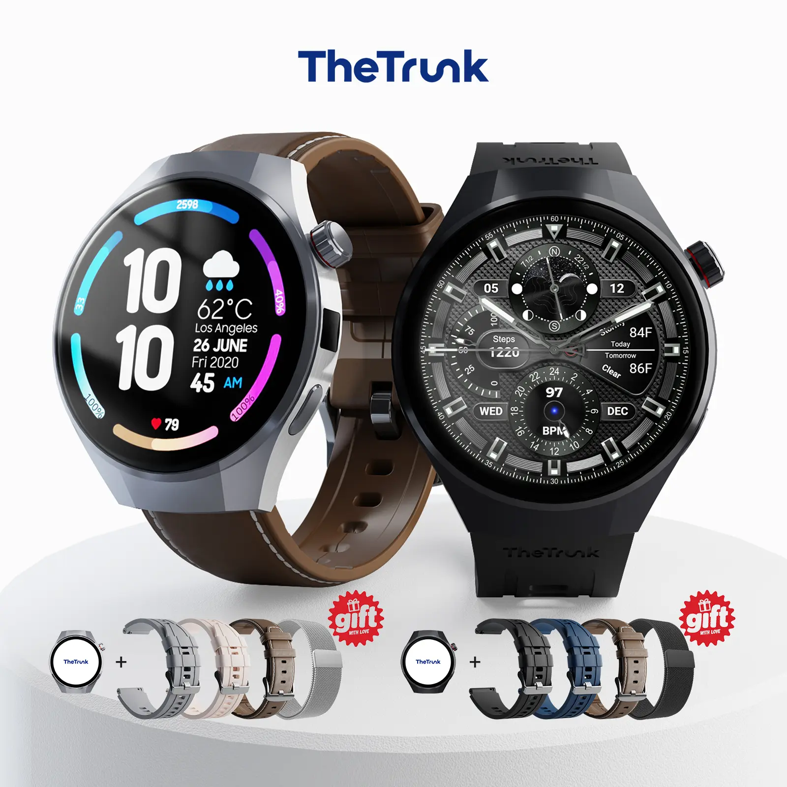 TheTrunk Smart Watch for Men and Women with 4 Bands, Bluetooth Wireless Calling, 7-Day Battery, IP68 Waterproof Fitness Tracker, Heart Rate Sleep Monitor, UV Money Checker, Wearable Device for iPhone Android, Gift for Workouts and Daily Wear