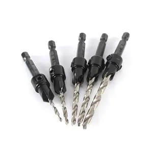 5-piece set of high-speed steel hexagonal shank imperial size tapered drill bits, countersink drills, and counterbore drills for woodworking; integrated drill bits for drilling and countersinking