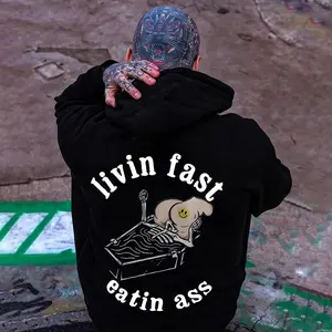 USA-Made Viral Graphic Pure Cotton Hoodie Unisex Fit Super Soft Pre-Shrunk Long Sleeves "Livin Fast Eatin Ass" Vintage Print for Autumn Winter