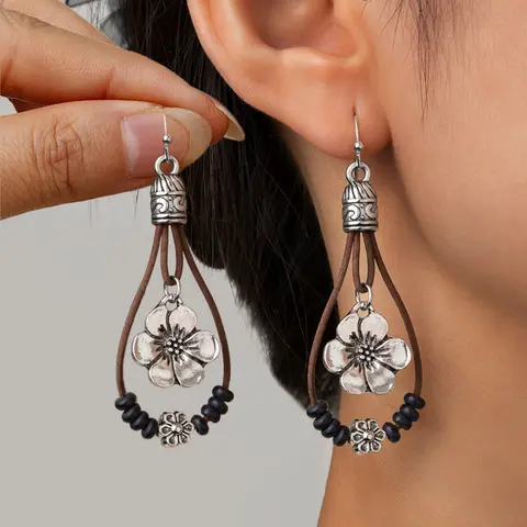 Bohemian Turquoise Beaded Flower Pendant Alloy Earrings, Dual Layer Leather Cord, Perfect for Daily Wear, Vacation Gifts, Festive Season
