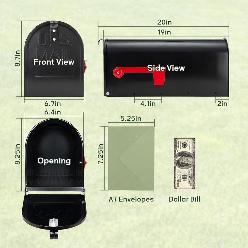 Black Metal Mailboxes for Outside Post Mount, Standard Mail Box, Galvanized Steel Heavy Duty Mailbox, Medium Capacity, 19 x 8.7 x 6.7 inches sturdy plant stand jewelry display