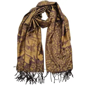 Elegant Brown Pashmina with Large Flowers and Cheetah Print Cashmere Scarf for Stylish Wear