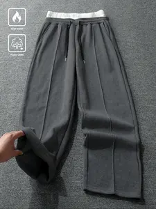 Men's Faux Two-Piece Solid Color Fleece Patchwork Casual Pants, Straight Leg Drawstring Design, Versatile Sports Jogger Pants