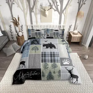 Feelyou Microfiber Rustic Patchwork Comforter - Bedroom Bedding Set, Checkered Buffalo Plaid, Adult Woodland Wildlife Bear Moose Elk Pine Tree Patterns, Patchwork Bedspreads Set