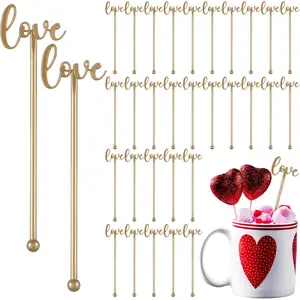 30 Pcs Valentine's Day Love-shaped Drink Stirrers 6" Love Coffee and Cocktail Stirrers Reusable Plastic Wedding Drink Swizzle Sticks for Valentines Wedding Party Supply(Gold)