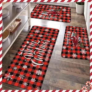 2/3pcs Christmas kitchen anti slip floor mat, black and red water buffalo grid, festive Christmas tree pattern anti slip floor mat, suitable for kitchen, entrance door, laundry room, bathroom, living room, Kitchen Rugs Sets