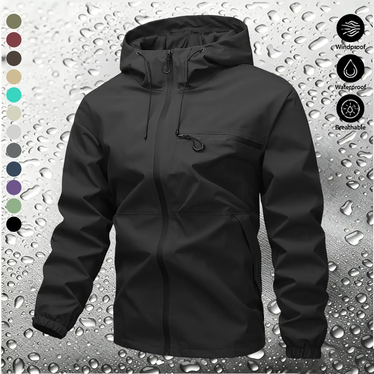 Men's Plain Solid-Color Lightweight Polyester Hardshell Hooded Jacket - Elegant Basic Top, Multi-Functional with Zippered Pockets, Elastic Cuffs, Cargo Design for Outdoor Hiking, Commuting