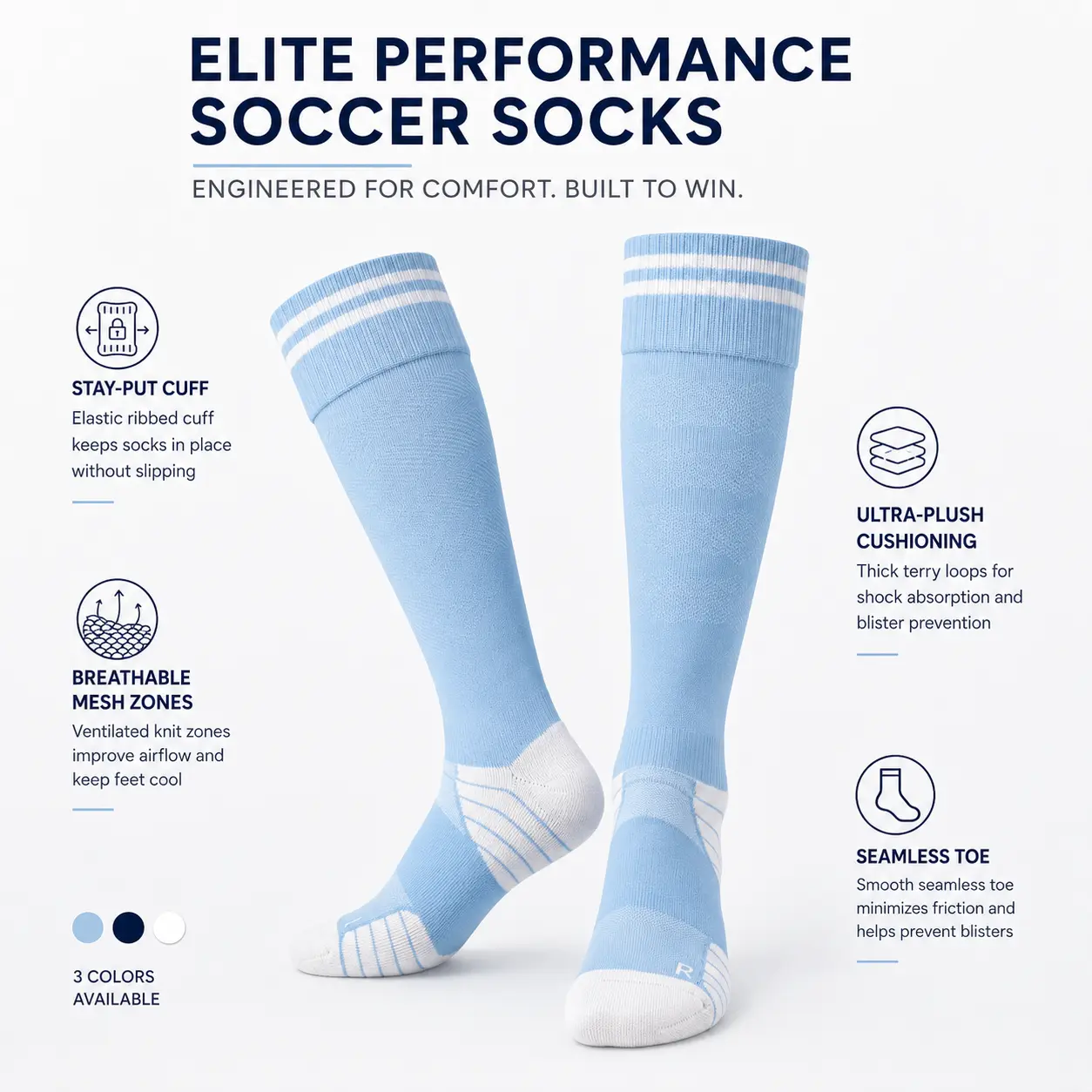 JUPICHUBI Color Block Sky Blue and White Ribbed Spandex Blend Soccer Futsal Knee-High Socks, Non-Slip Thick Breathable with Enhanced Grip Strength for Training, Game Day, M, Rugby Players