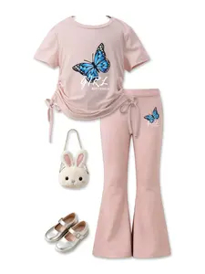 Summer Girls' Set, Three Heart Design with Leopard Heart, Drawstring, Short Sleeve T-Shirt & Flared Pants, Casual for School & Play