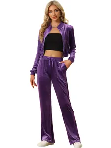 INSPIRE CHIC Women's Two Piece Velvet Outfits Crop Jacket Tracksuit Drawstring Sweatpants