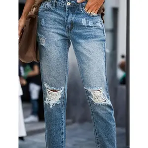 Women's Stretch Boyfriend Jeans - Cracked, Distressed, Comfortable , Five-Pocket Design, Faded Wash, Loose Fit Denim jean
