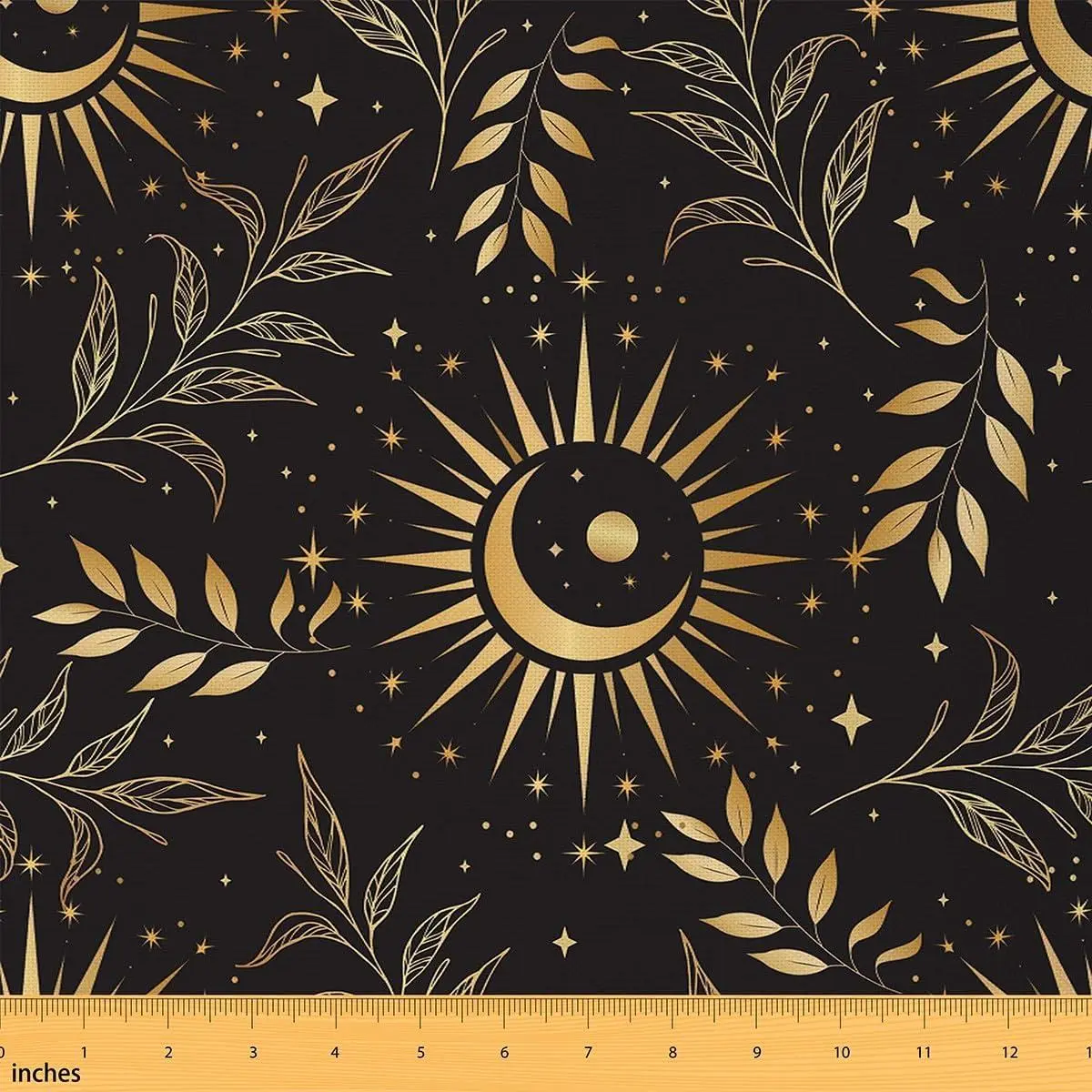 Exotic Sun and Moon Outdoor Fabric,Starry Night Sky Decorative Fabric Soft Flannel Polyester No Stretch,Golden Black Botanical Leaves Fabric Sewing Supplies