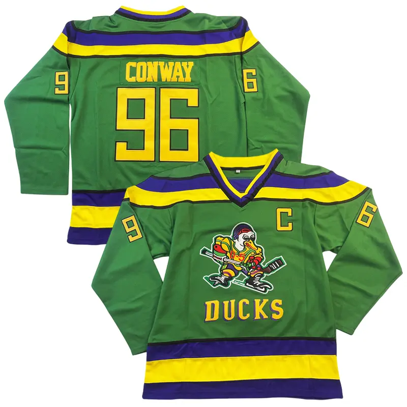 Men's Mighty Ducks #96 Griswold Embroidered Duck Pattern Green Classic V-Neck Long-Sleeves Loose-Fitting Hockey Pullover, Unisex Wear Multi-Size Including 3XL Sports Outerwear, Retro Streetwear Fan Gear, Halloween Gift, Plus Size, Loose Fitting Clothes