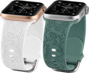 2 Pack Flower Engraved Sport Strap Compatible with Apple Watch Bands 38Mm 40Mm 41Mm, Women Floral Laser Soft Silicone Wristband Replacement Iwatch Series 10 9 8 7 6 5 4 3 2 1 SE TERKOWQI