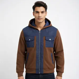 Men’s American vintage-style hooded jacket featuring patchwork design in denim and waffle corduroy with contrasting colors, multiple pockets, versatile for everyday commuting.