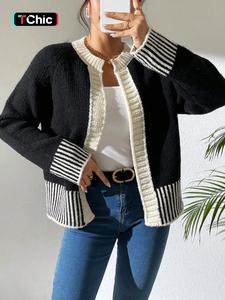 women's striped print contrast binding raglan sleeve cardigan, casual long sleeve open front knitwear for fall & winter, fashion women's knit clothing for daily wear