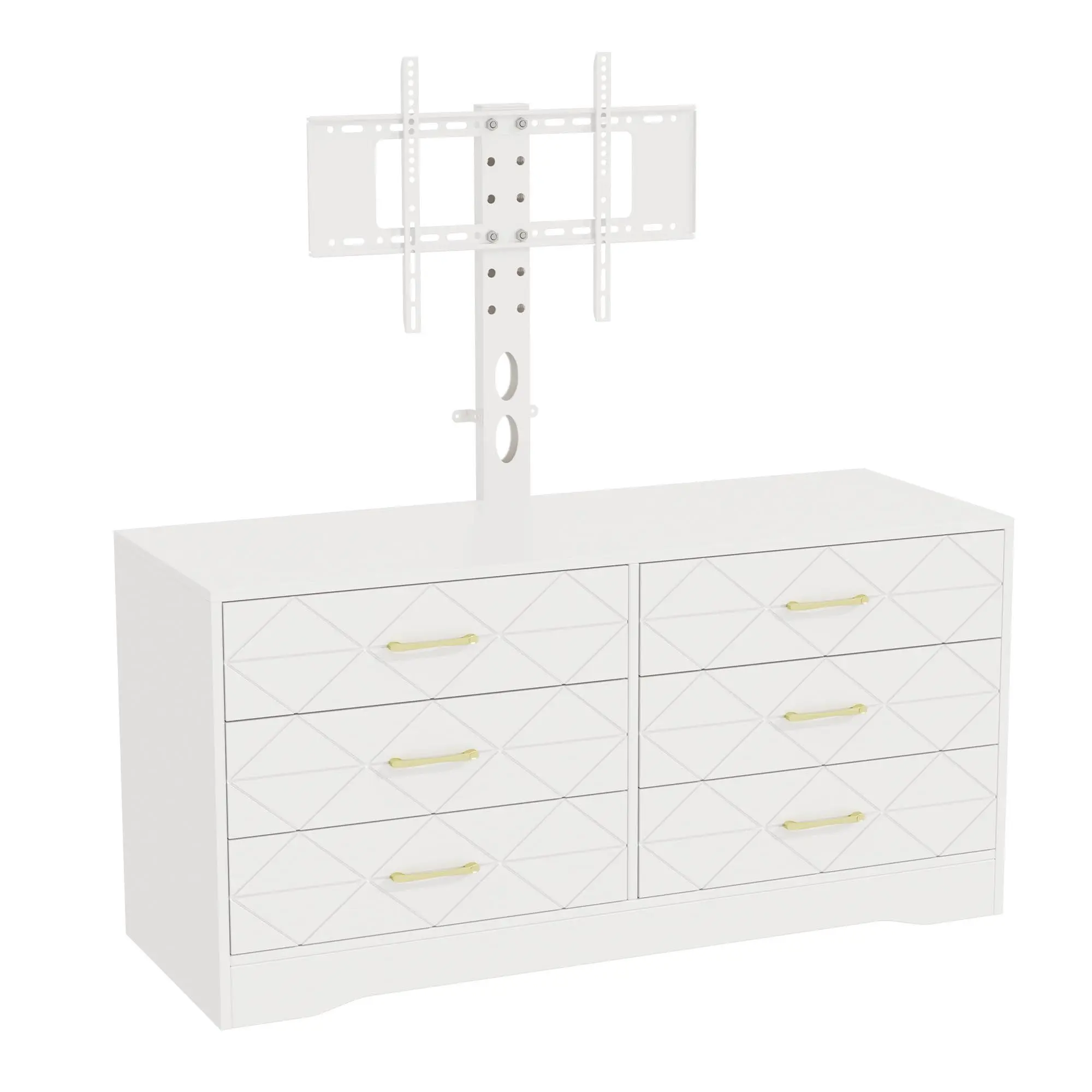 White MDF Wood 6-Drawer TV Stand with Sturdy Steel Bars, Height-Adjustable Mount for 32-85 Inch TVs, Assembly-Required Space-Saving Media Storage Console for Living Room, Bedroom