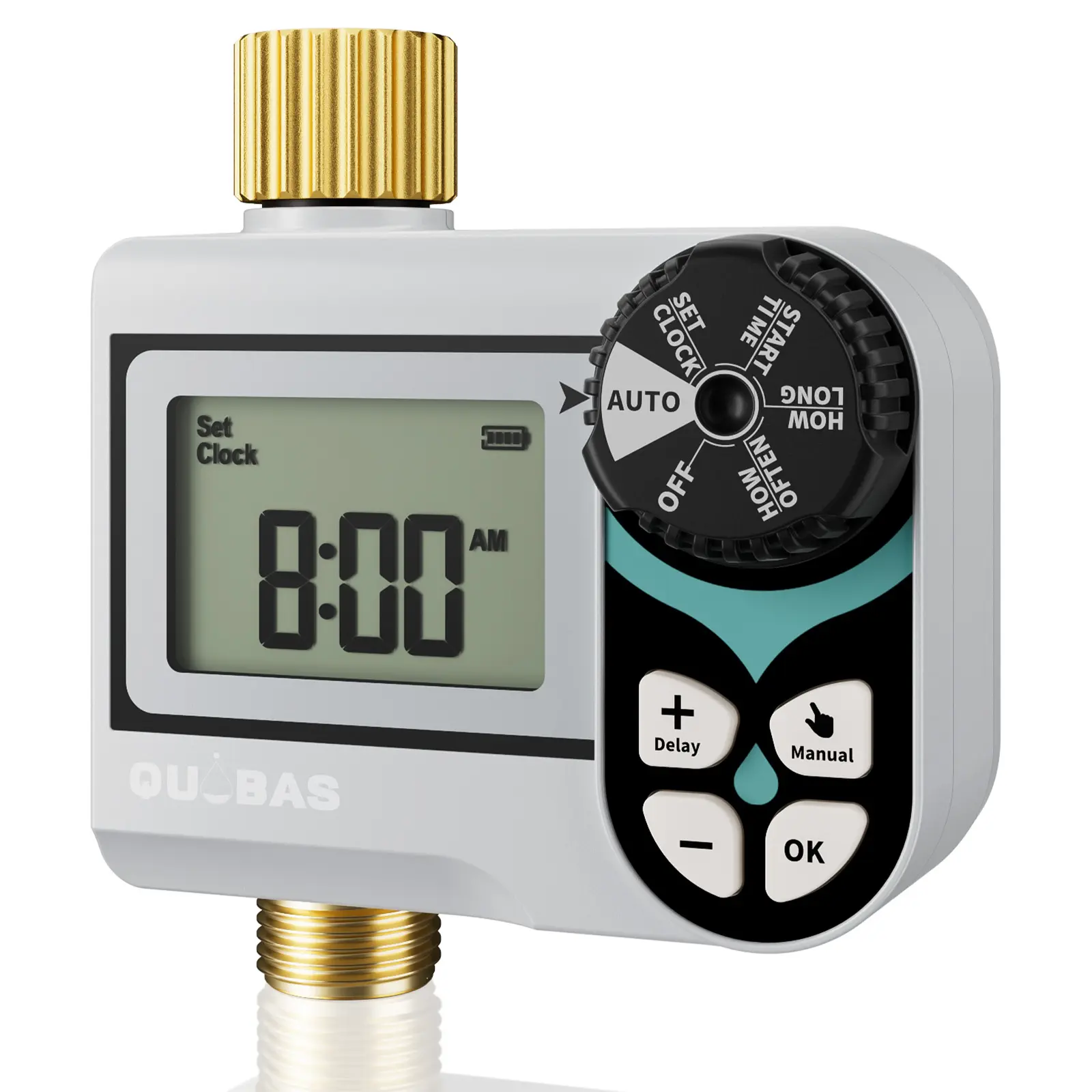 QUOBAS Low Pressure Programmable Sprinkler Timer with Brass Inlet-Outlet, Ball Valve, IP54 Waterproof LCD Digital Interface, Rain Delay-Auto-Manual Modes, Outdoor Adjustable Watering System for Rain Barrel, Garden Hose