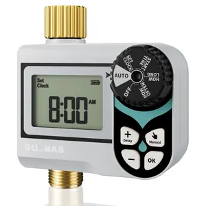 QUOBAS Low Pressure Water Timer, Programmable Sprinkler Timer with Brass Inlet & Outlet for Rain Barrel, Garden Hose, with Ball Valve & Waterproof Screen, Rain Delay/Manual/Auto Modes