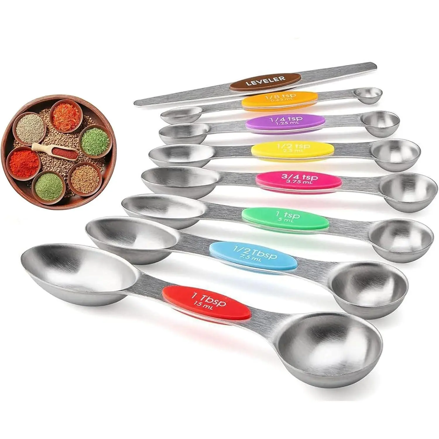 8-Piece Measuring Magnetic Spoons Set with Leveler - Stainless Steel for Measuring Dry and Liquid Ingredients, Double Ended, Stackable & Nested Fits in Kitchen Spice Jars for Baking & Cooking