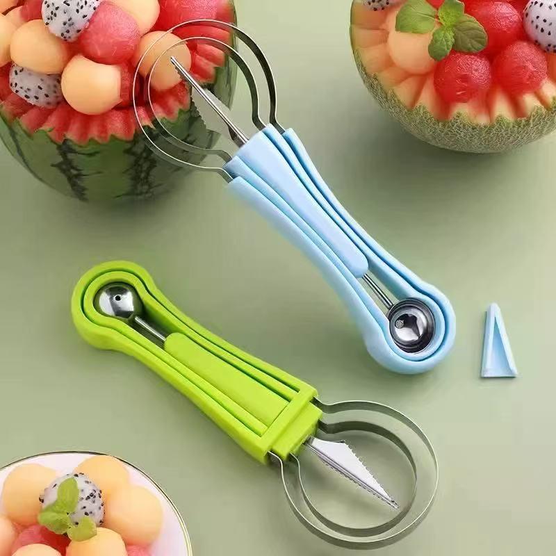 3-in-1 Stainless Steel Vegetable Fruit Cutter Set - Multifunctional Kitchen Utensil with Auto-Spinning Slicer, Melon Baller Scoop, Watermelon Cutter, Seed Remover for Fruit Salad, Party Prep,home essentials