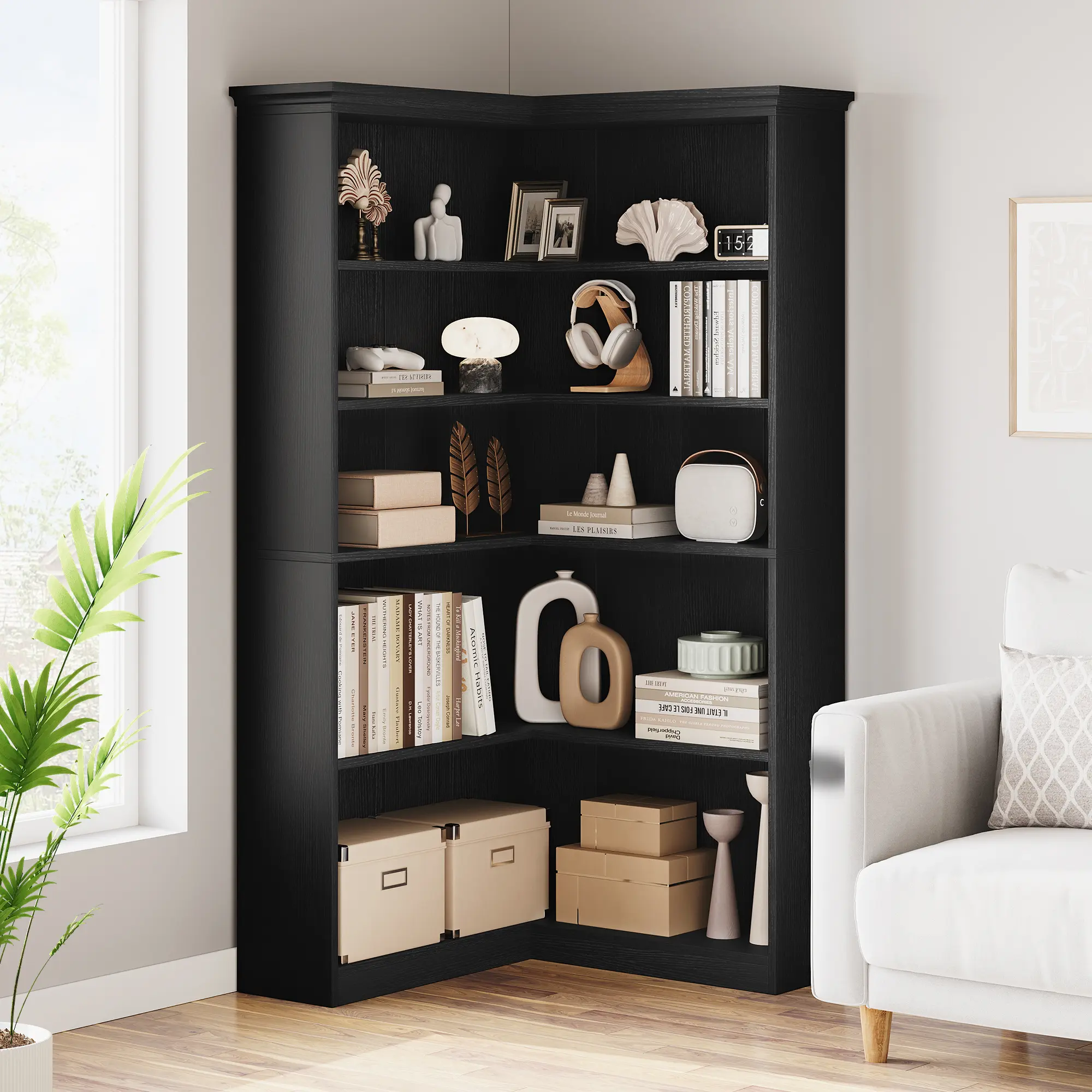 72-Inch Tall 5-Tier L-Shaped Corner MDF Wood Bookshelf Book Rack, Sturdy Construction, Anti-Tip Safety Design, Assembly Required with Step-by-Step Instructions, Home Office Storage System