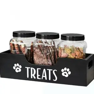 Wooden Pet Snack Box with 3 Counts Clear Jar, 1 Set Farmhouse Style Pet Snack Storage Box, Durable Pet Snack Organizer for Dog & Cat Food Storage