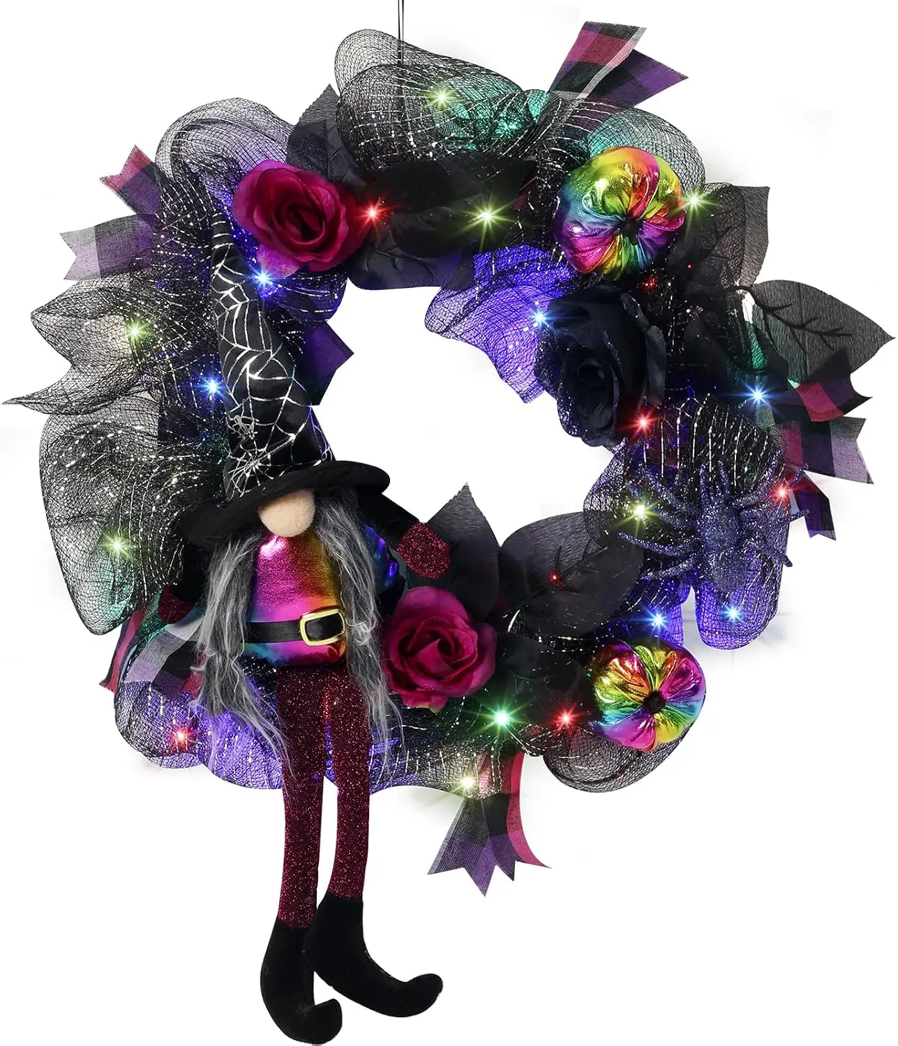 20” Handmade Magical Gothic Witch Gnome Wreath with Multicolor LED Lights, Spooky Mesh Front Door Decoration, Indoor Outdoor Halloween Home Festive Decor
