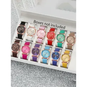 A set of 12 fashionable three-eye leather quartz watches Casual Analog Watch