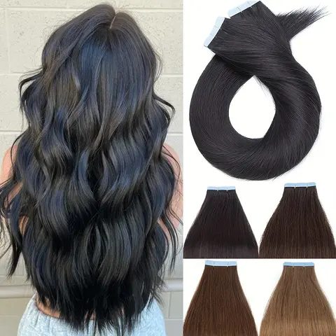 20PCS 40-50G Tape In Human Hair Extensions Black Dark Brown Straight Natural Thick Seamless 100% Remy Human Hair Tape In Extensions