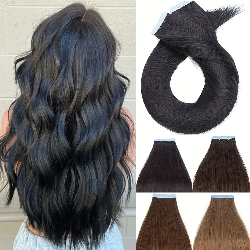 20PCS 40-50G Tape In Human Hair Extensions Black Dark Brown Straight Natural Thick Seamless 100% Remy Human Hair Tape In Extensions