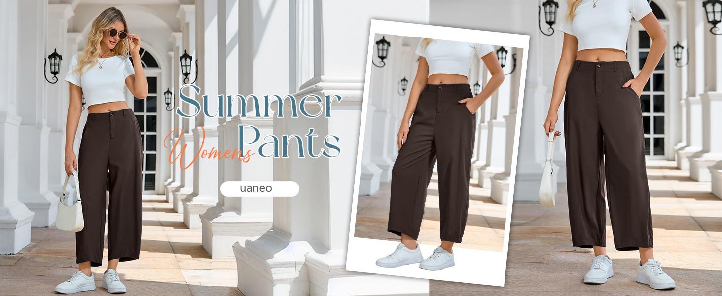 UANEO Womens Linen Pants Casual Capri Baggy Wide Leg Trousers Palazzo Pants Beach Vacation Outfits