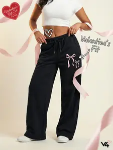 Vibe404 Women's Black Wide Leg Sweatpants High Waisted Elastic with Pink Bow Ribbon Cute Coquette Lounge Pants Lightweight Loose Fit Comfy Soft Non-Fleece Yoga Gym Casual Daily Wear  Joggers