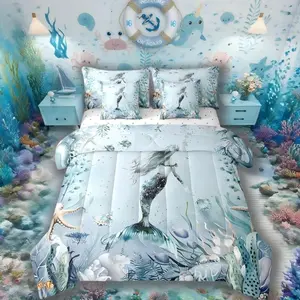 Mermaid Comforter Set,7 Piece Bed in a Bag,Teal Blue Ocean Beach Coastal Bedding Set,Starfish Octopus Tentacles Sheet Set,with Comforter Underwater Creature Coral Bed Set,Kawaii Fish Room Decor