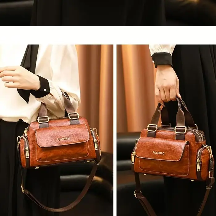 A112-Vintage Textured Leather Boston Bag Casual Handbag Shoulder