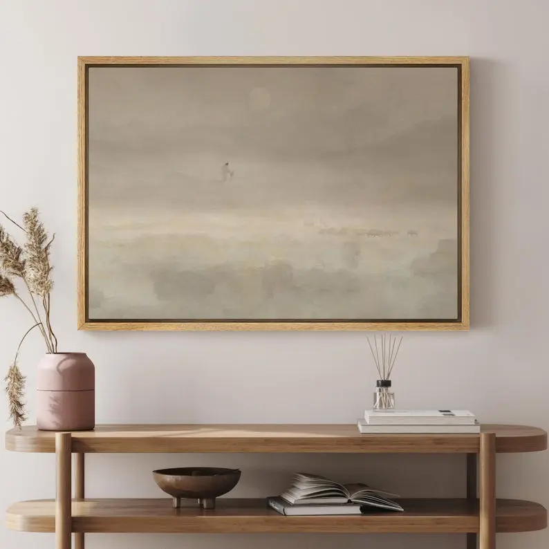 Jesus & Sheep Wall Art - Large Framed Minimalist Christian Canvas Prints, Pastoral Abstract Landscape in Soft Neutrals for Church Decor EDecor Center
