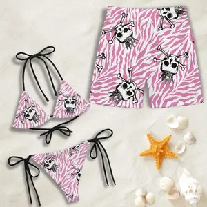 Pink Zebra Skull Matching Couple Swimwear, Hawaiian Bikini & Men Beach Shorts, Summer Vacation Outfit, Honeymoon Gift, Beachwear Set