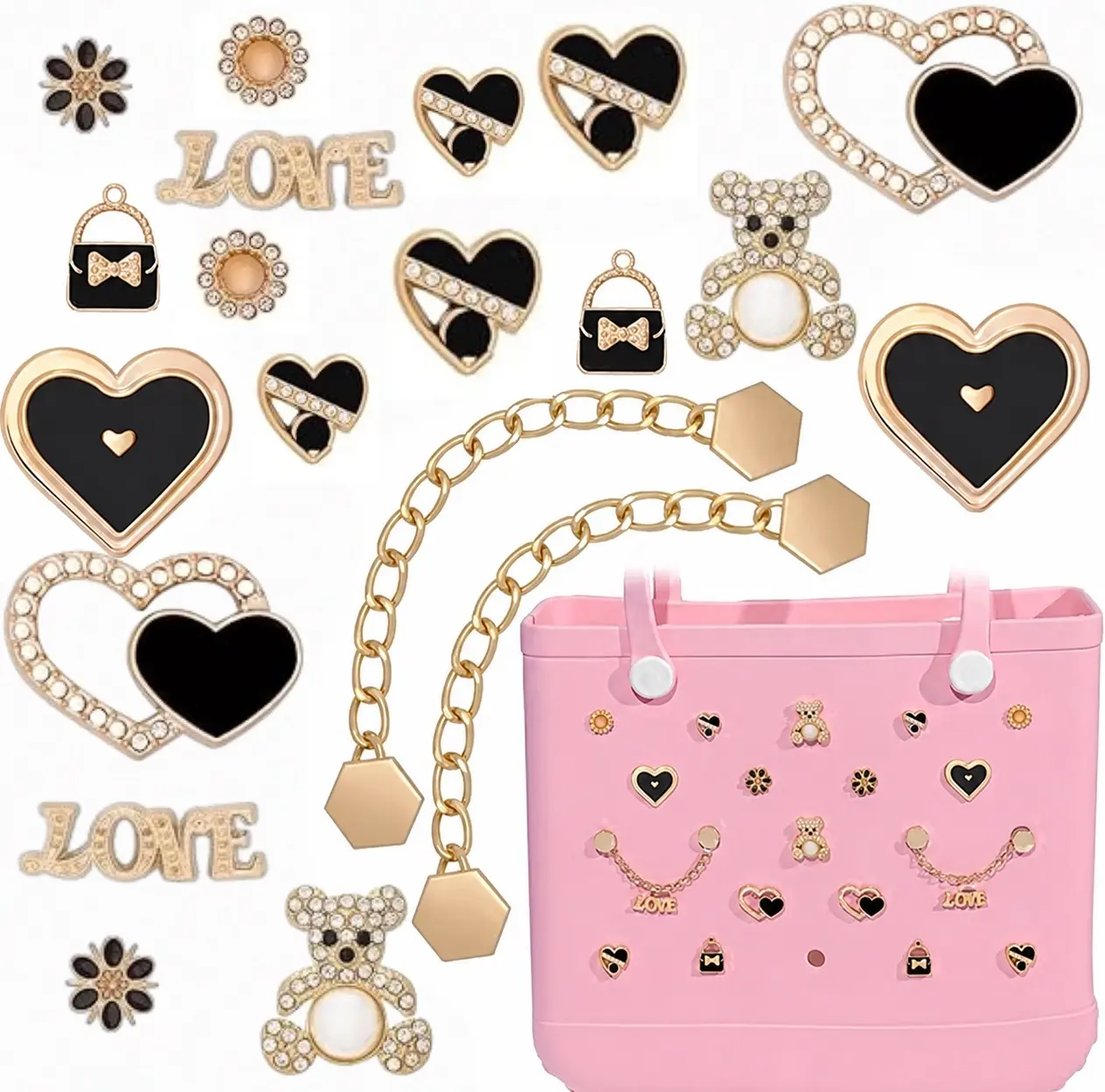 20 Pcs Bag Charms Footwear & Beach Accessories - Butterfly, Flower, Bear, Black Heart, Beige, Bling Chain Inserts Compatible with Bogg, Simply Southern Rubber Totes for Birthday Gifting